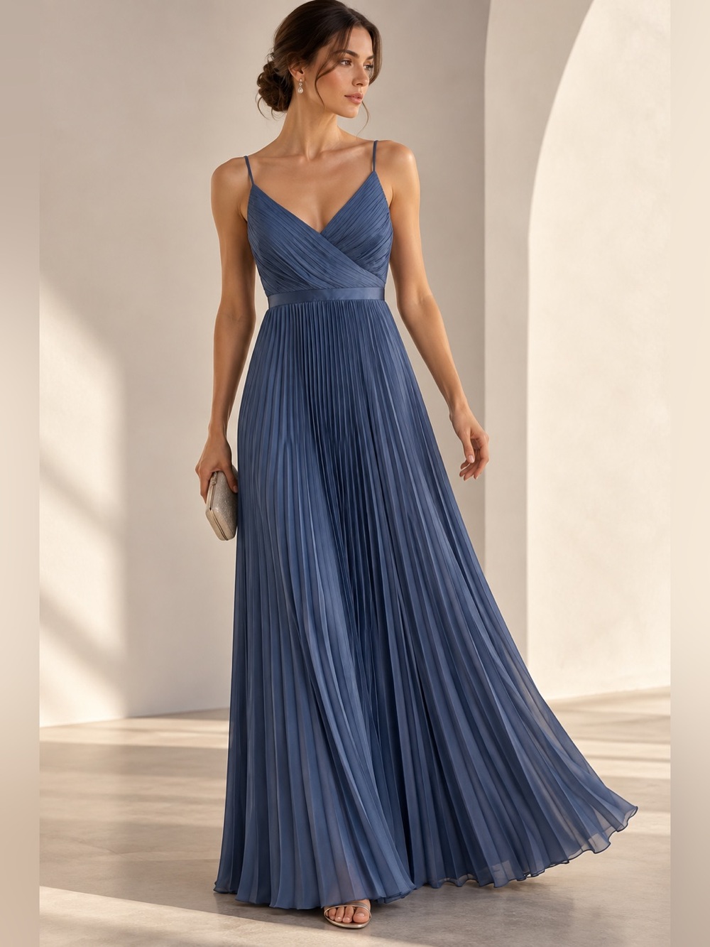 BCBGMAXAZRIA Blue Pleated Chiffon Surplice Maxi Gown Size 2